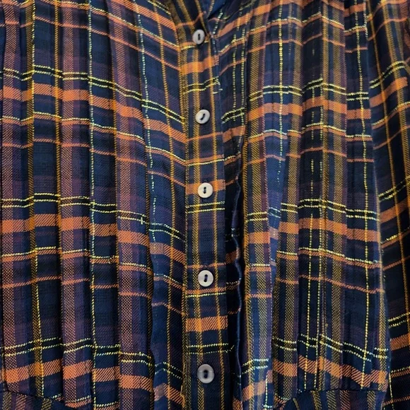 NATURAL LIFE Navy and Orange Plaid Long Sleeve Dress With Gold Thread (Rare) - Picture 3 of 7